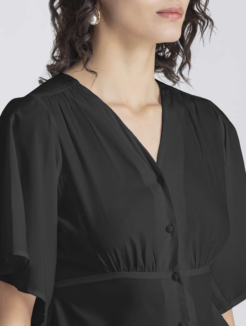 black solid bell sleeves crop top - 20325837 - Standard Image - 5