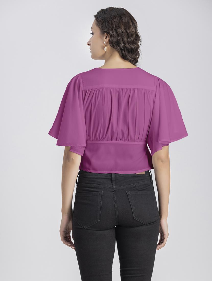 pink solid bell sleeves crop top - 20325838 - Standard Image - 3