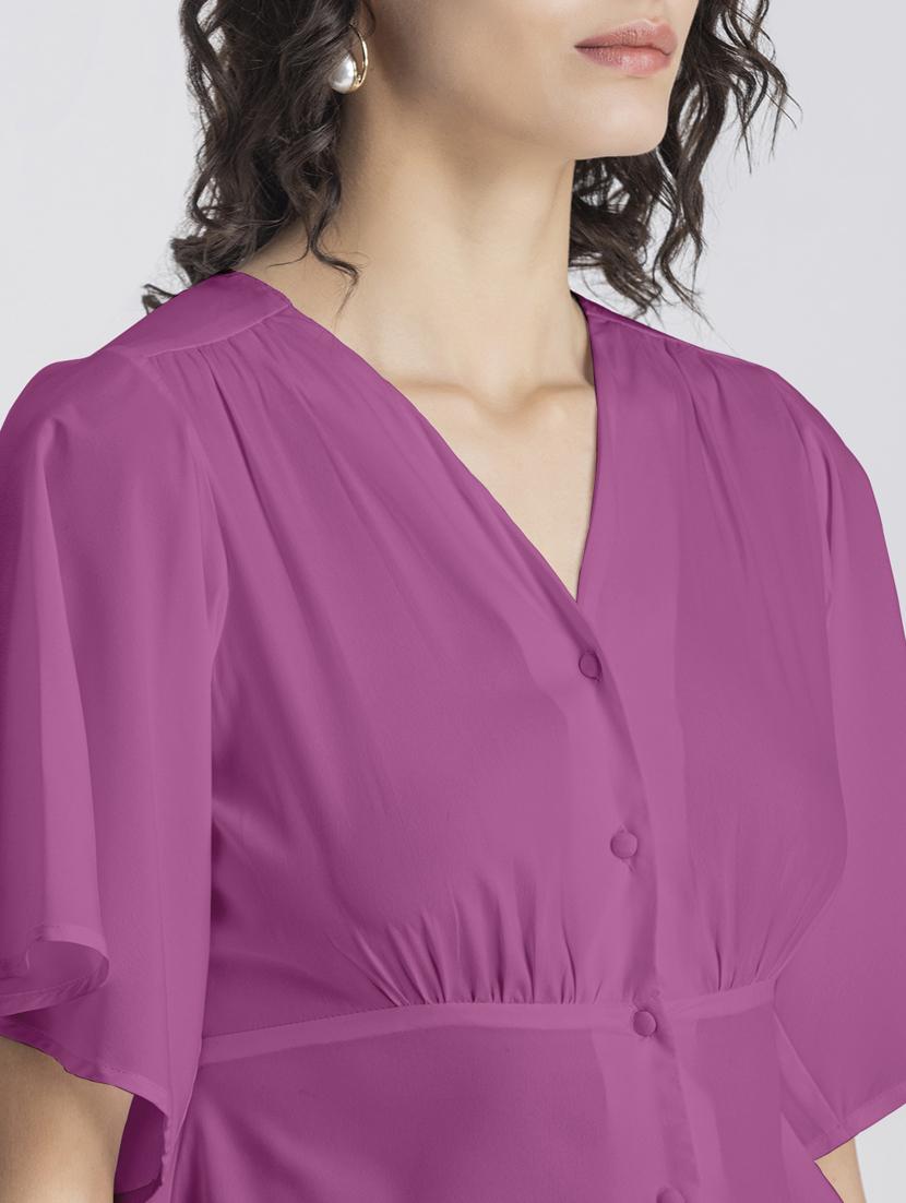 pink solid bell sleeves crop top - 20325838 - Standard Image - 5