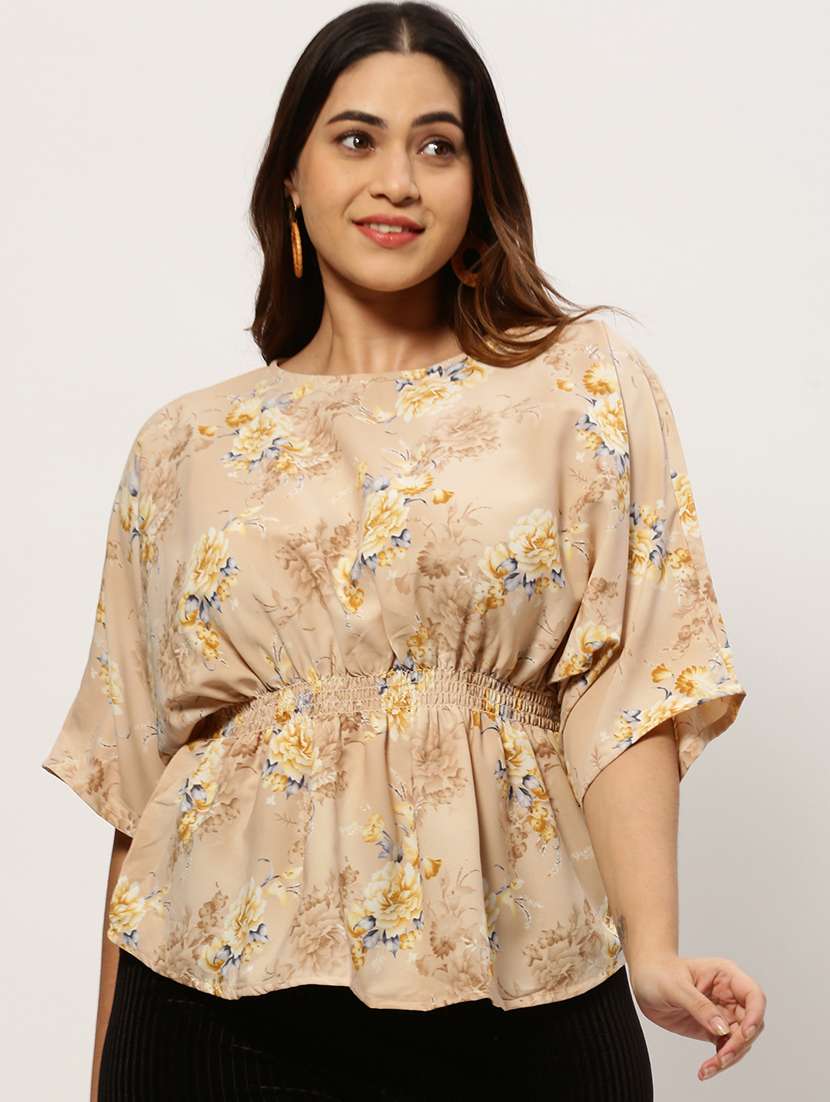 beige floral print plus top