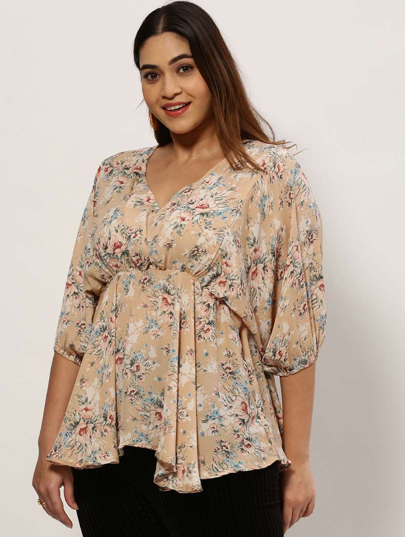 beige floral print peplum top