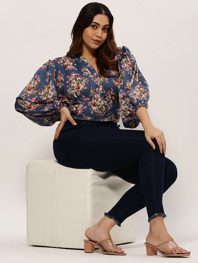 Blue Floral Print Plus Size Top - 20325903 -  Standard Image - 3