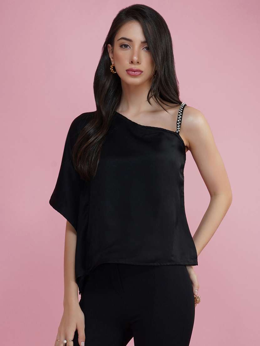 black solid single shoulder regular top