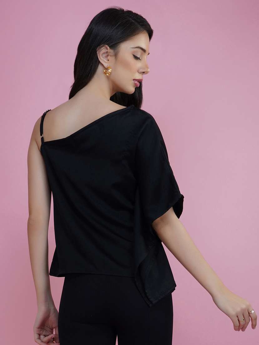black solid single shoulder regular top - 20327713 -  Standard Image - 3