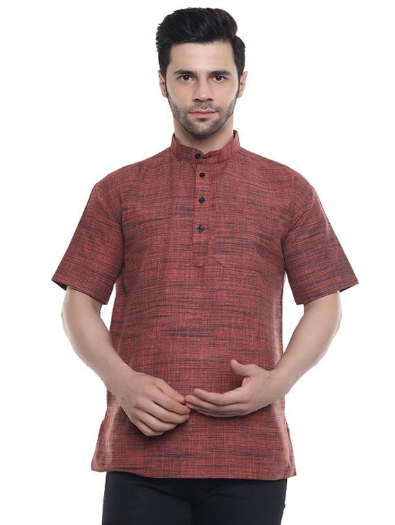 men rust orange self design cotton short kurta - 20329810 - Zoom Image - 0