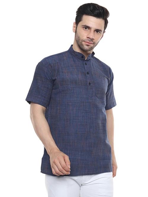 men blue self design cotton short kurtas kurta - 20329811 - Standard Image - 0