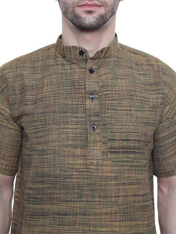 men olive self design cotton short kurta - 20329812 - Standard Image - 5