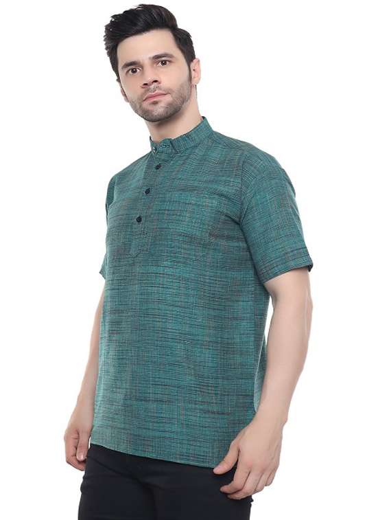 men teal green self design cotton short kurta