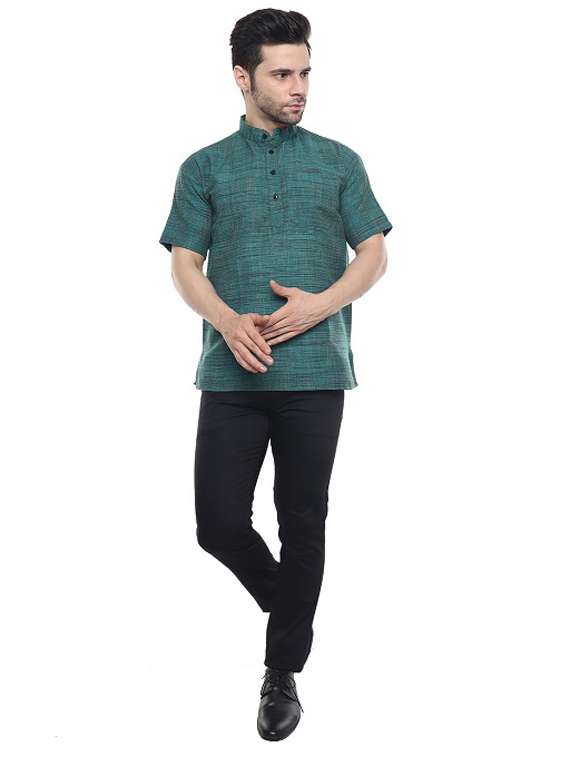 men teal green self design cotton short kurta - 20329813 -  Standard Image - 3