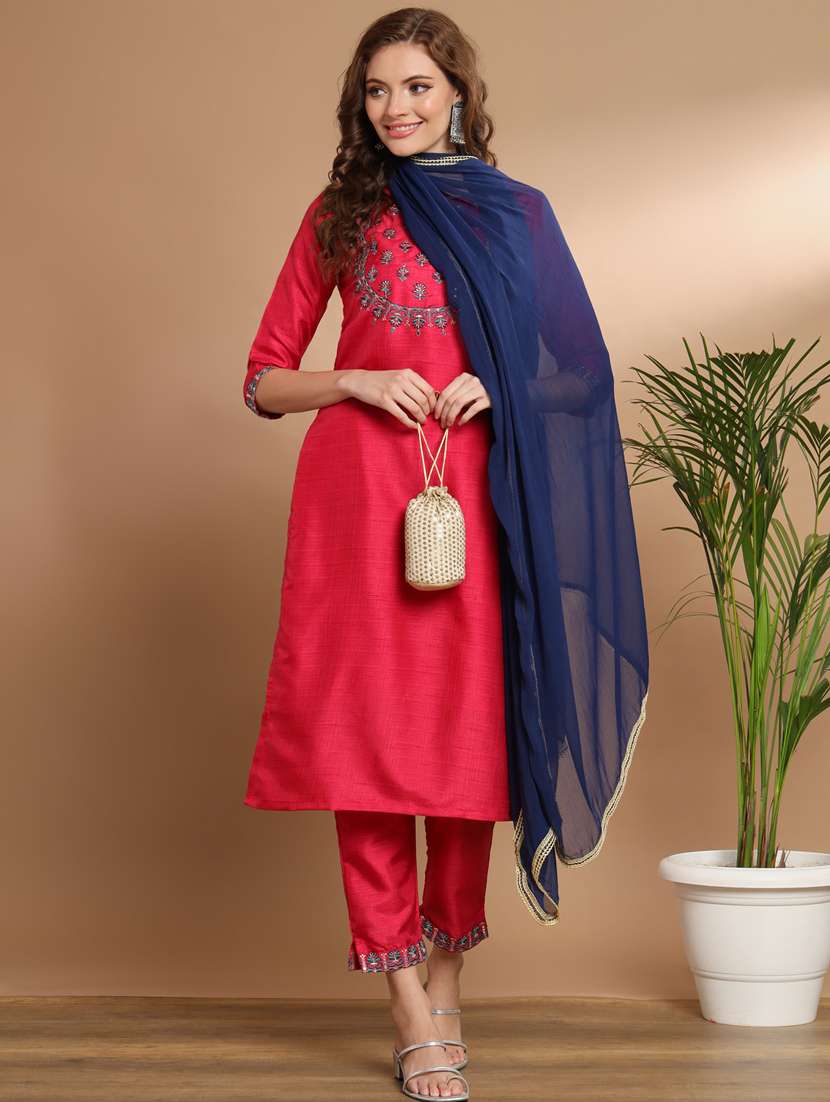 women three quarter sleeve kurta pant with dupatta set
