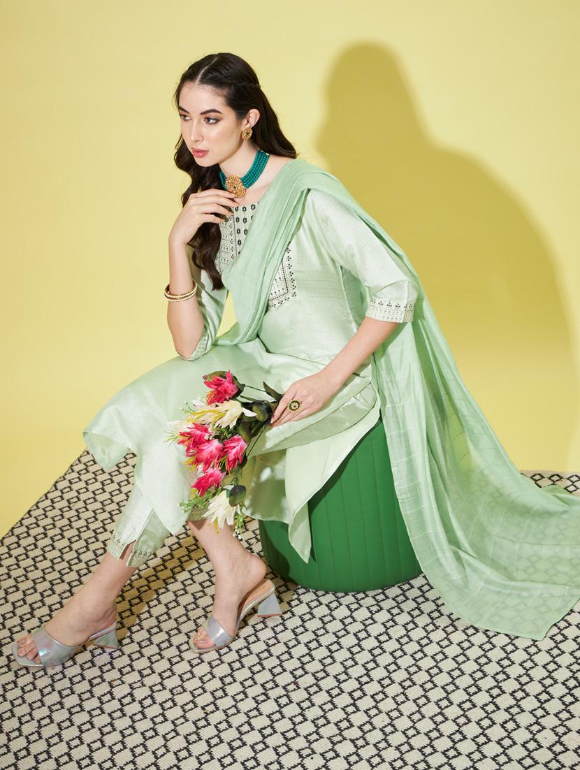 women three quarter sleeve kurta pant with dupatta set
