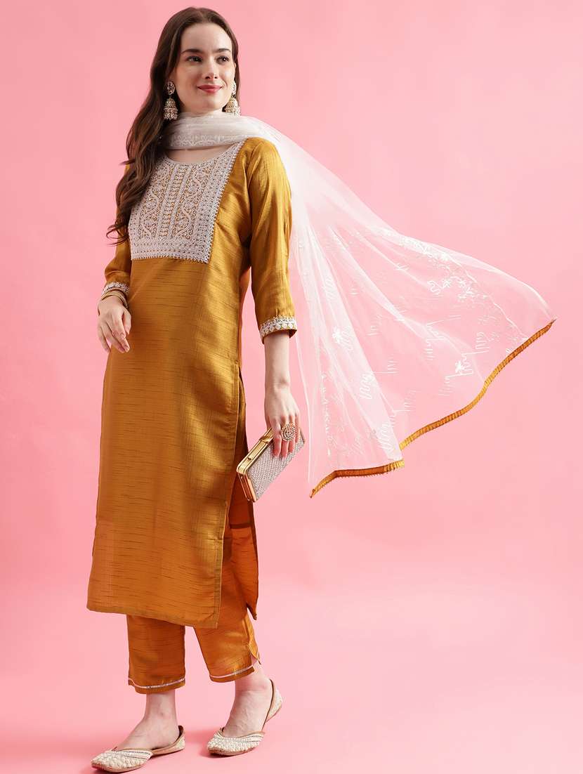 women three quarter sleeve kurta pant with dupatta set