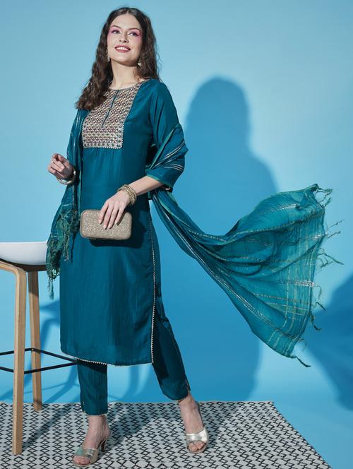 teal colored kurta pant set - 20329978 -  Standard Image - 0