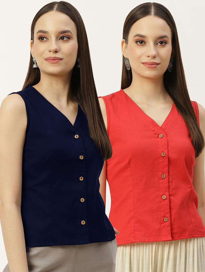 pack of 2 solid front open sleeveless blouse - 20330591 - Zoom Image - 0