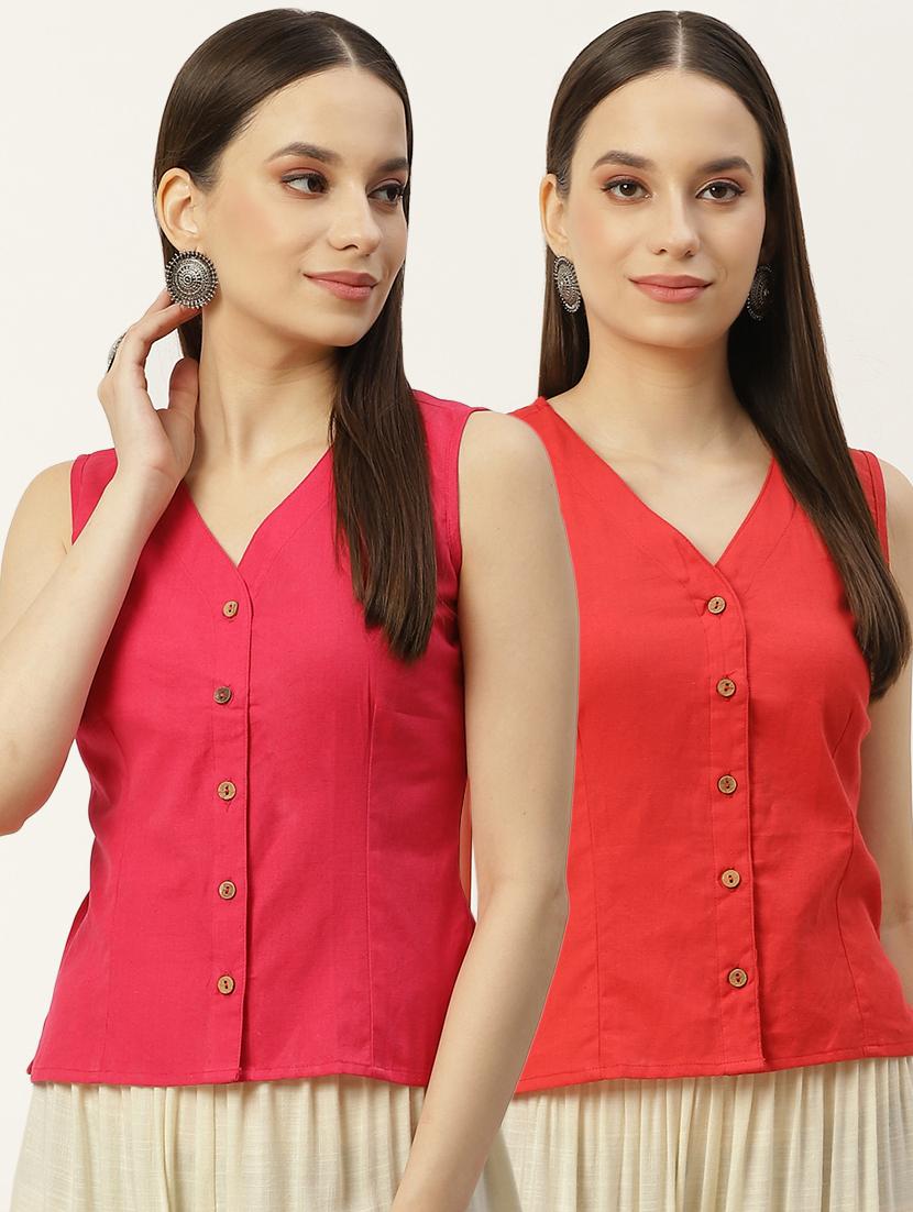 pack of 2 solid front open sleeveless blouse - 20330609 - Zoom Image - 0