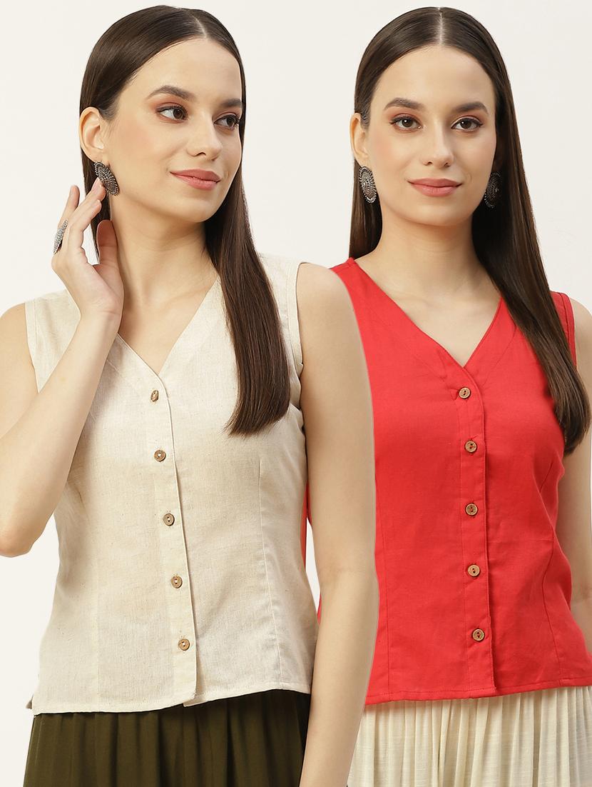 pack of 2 solid front open sleeveless blouse - 20330623 - Zoom Image - 0