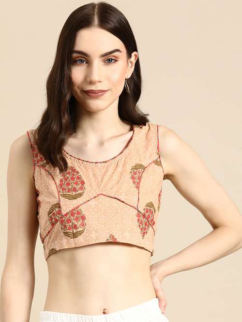 women beige round neck stitched blouse - 20330695 - Standard Image - 0