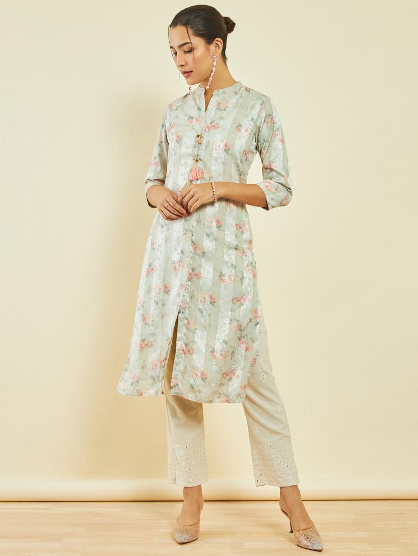women green mandarin neck a-line kurta - 20331271 - Zoom Image - 0