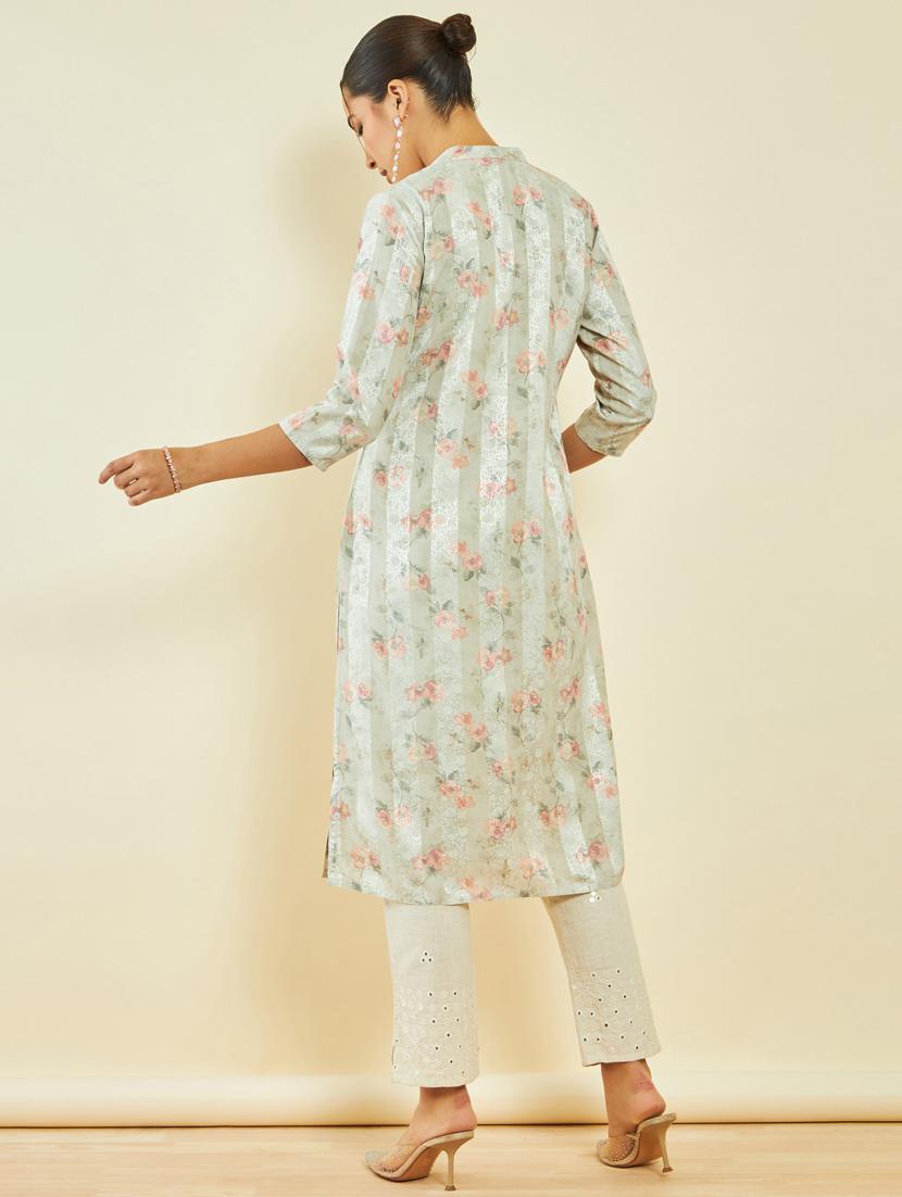 women green mandarin neck a-line kurta - 20331271 - Standard Image - 3