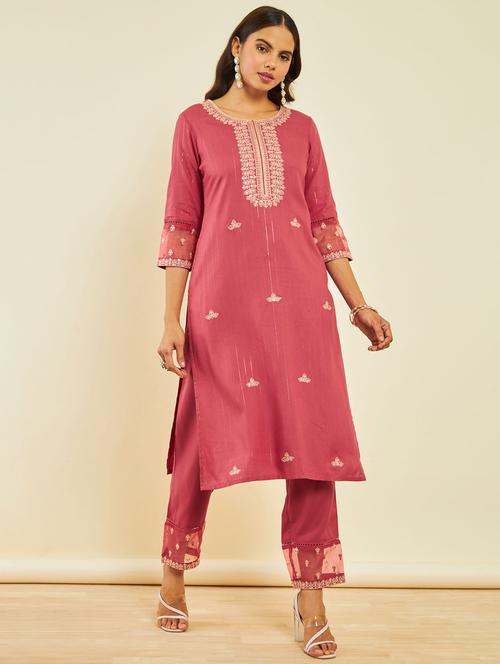 women coral round neck kurta pant set - 20331302 - Standard Image - 0