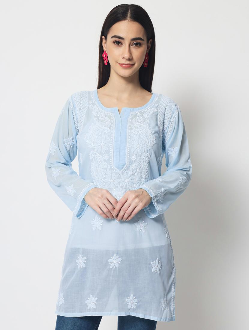 light blue long sleeve chikankari kurti - 20331675 - Zoom Image - 0