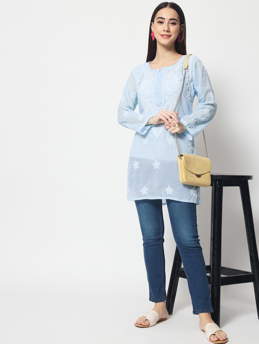 light blue long sleeve chikankari kurti - 20331675 - Standard Image - 3