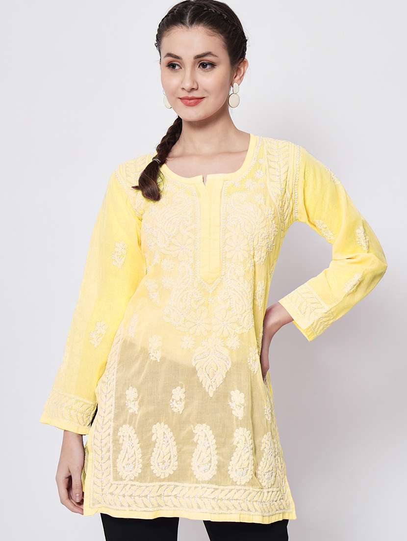 yellow chikankari embroidered short kurti - 20331679 - Zoom Image - 0