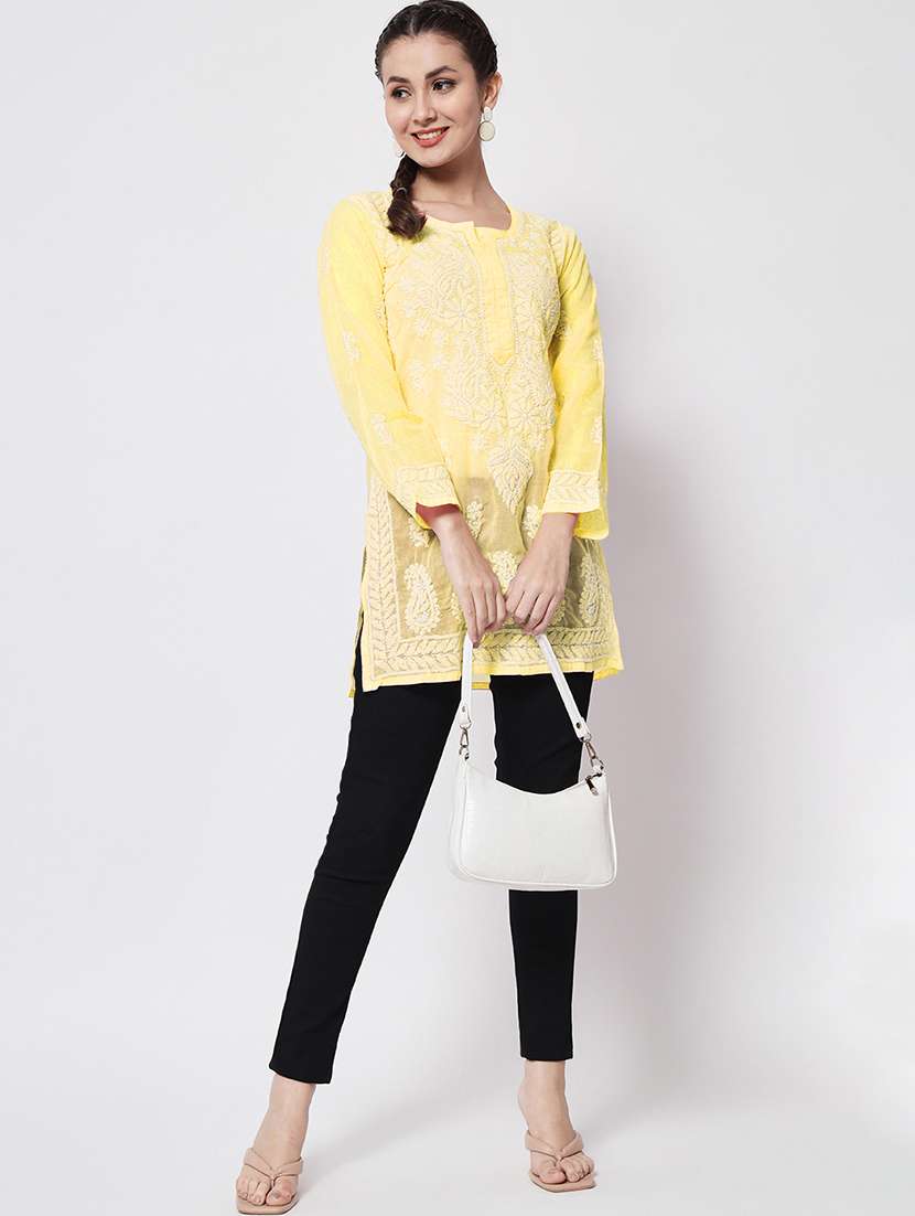 yellow chikankari embroidered short kurti - 20331679 - Standard Image - 3