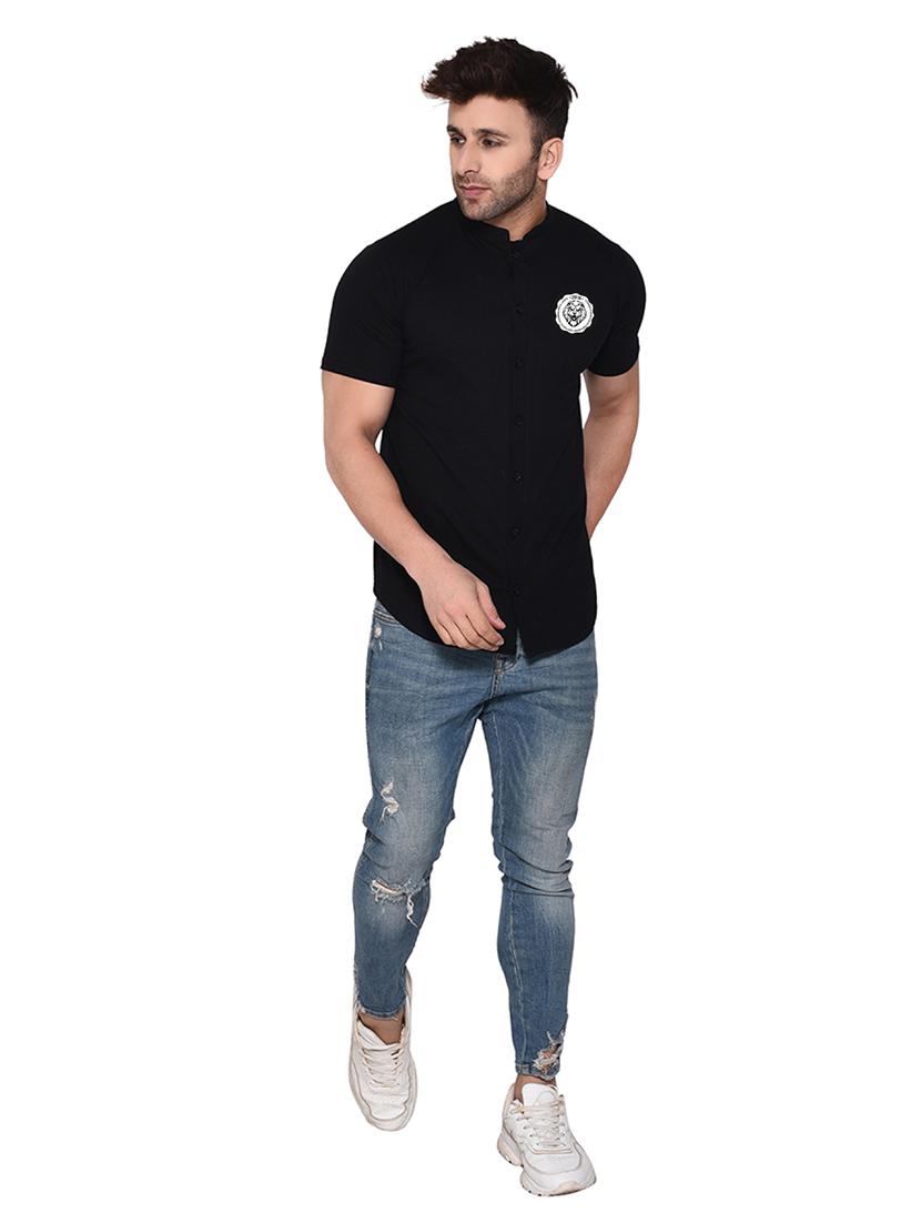 mandarin collar short sleeves solid casual shirt - 20331935 - Standard Image - 3