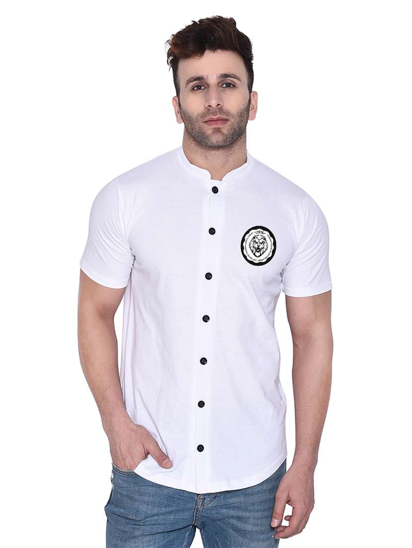 mandarin collar short sleeves solid casual shirt - 20331936 - Zoom Image - 0