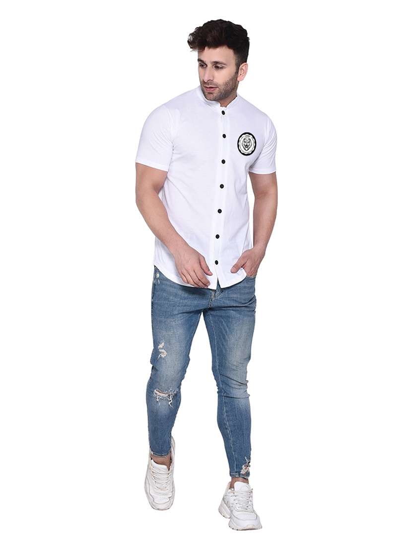 mandarin collar short sleeves solid casual shirt - 20331936 - Standard Image - 3