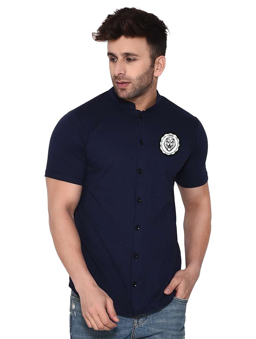 mandarin collar short sleeves solid casual shirt - 20331939 - Zoom Image - 0