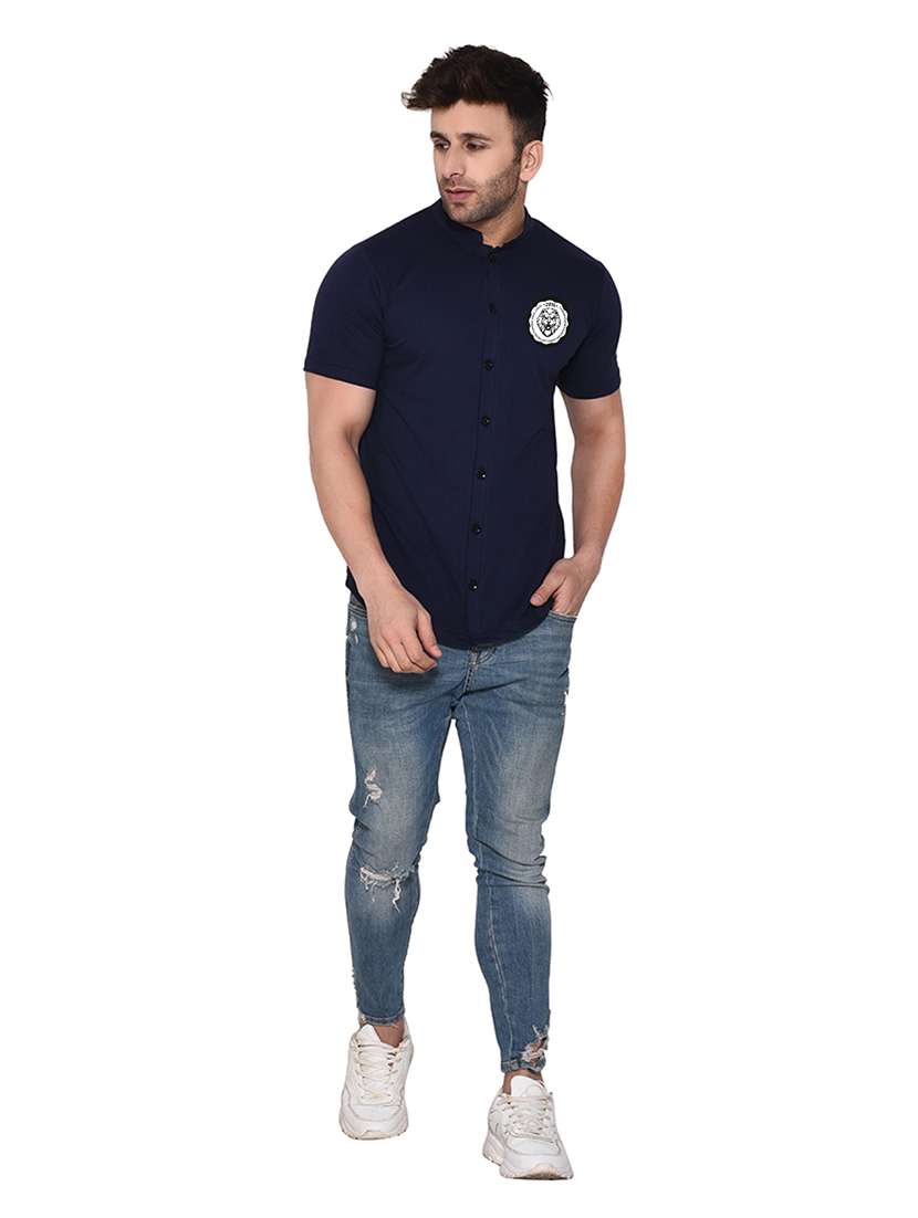 mandarin collar short sleeves solid casual shirt - 20331939 - Standard Image - 3