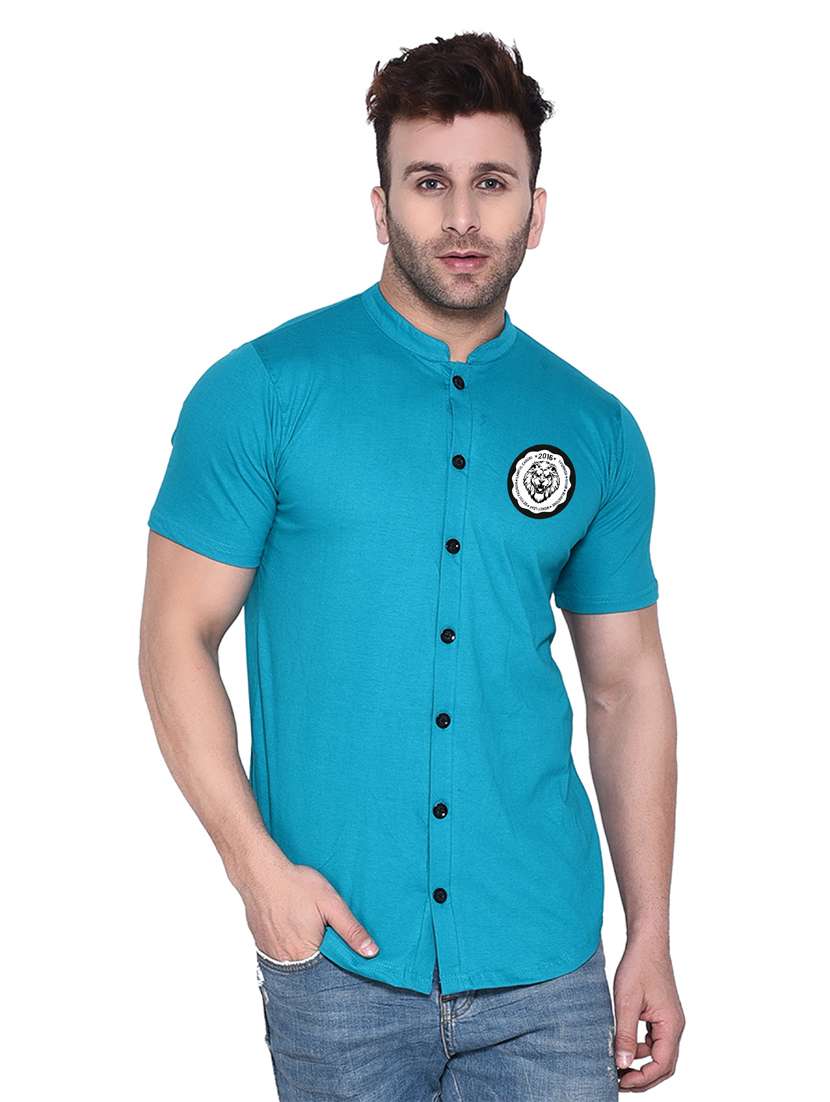 mandarin collar short sleeves solid casual shirt