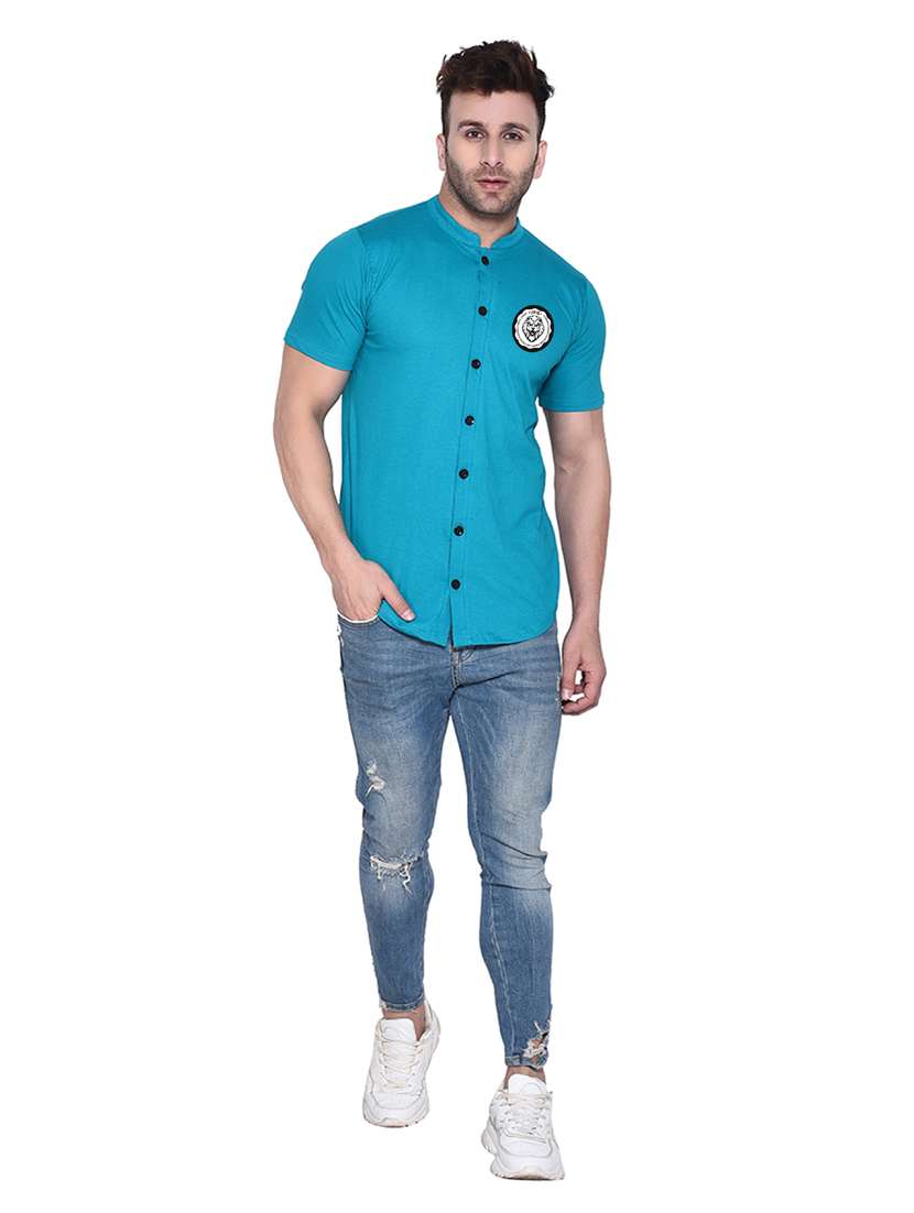 mandarin collar short sleeves solid casual shirt - 20331943 -  Standard Image - 3