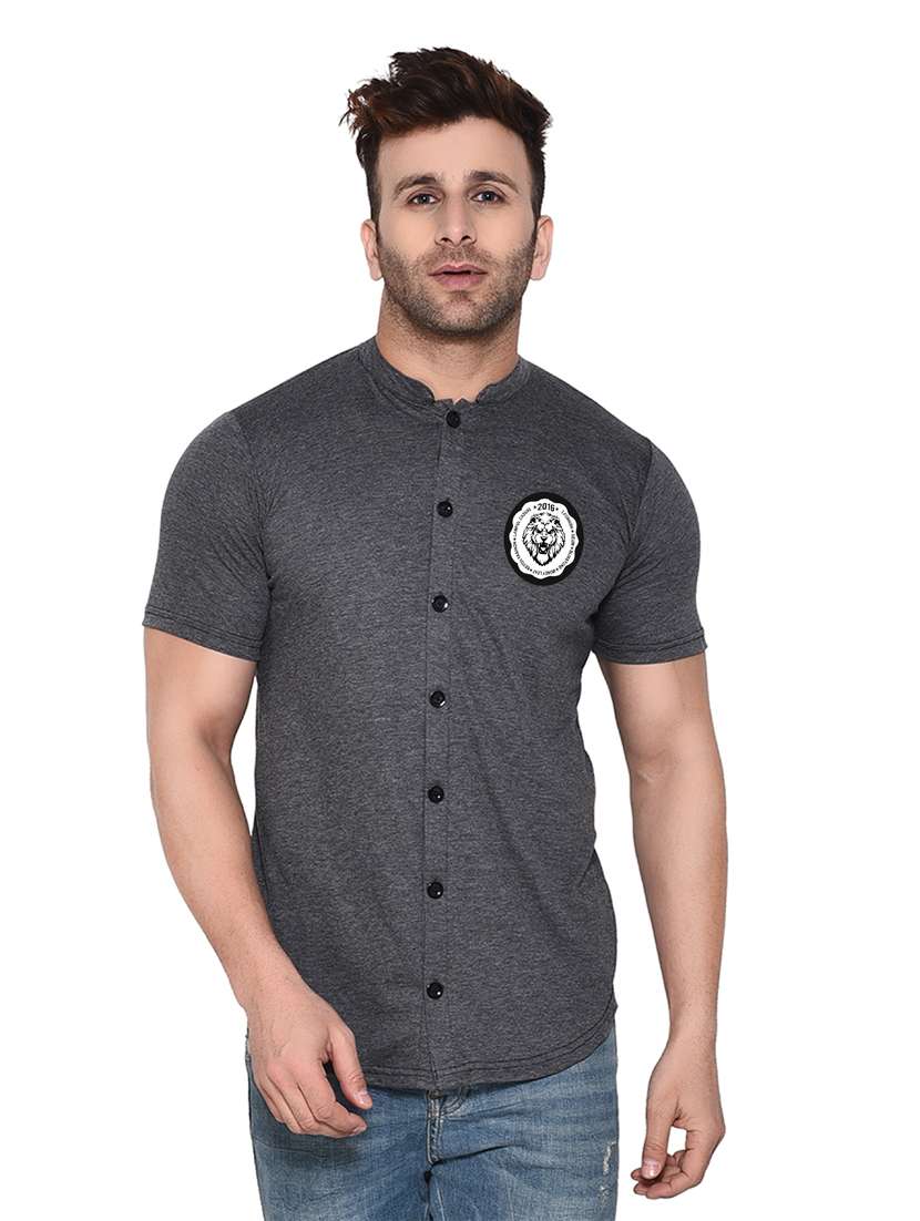 mandarin collar short sleeves solid casual shirt - 20331945 - Zoom Image - 0