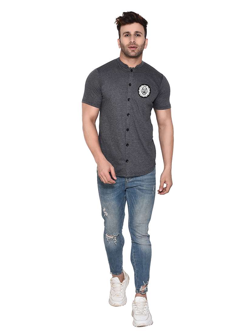 mandarin collar short sleeves solid casual shirt - 20331945 - Standard Image - 3