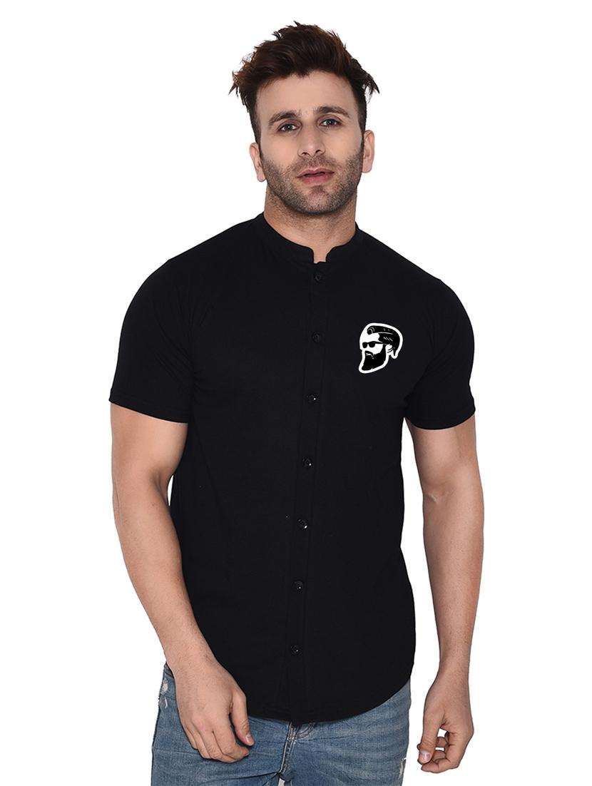mandarin collar short sleeves solid casual shirt - 20331946 -  Zoom Image - 0