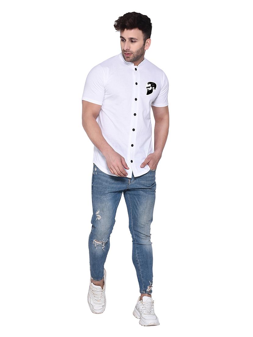 mandarin collar short sleeves solid casual shirt - 20331947 - Standard Image - 3