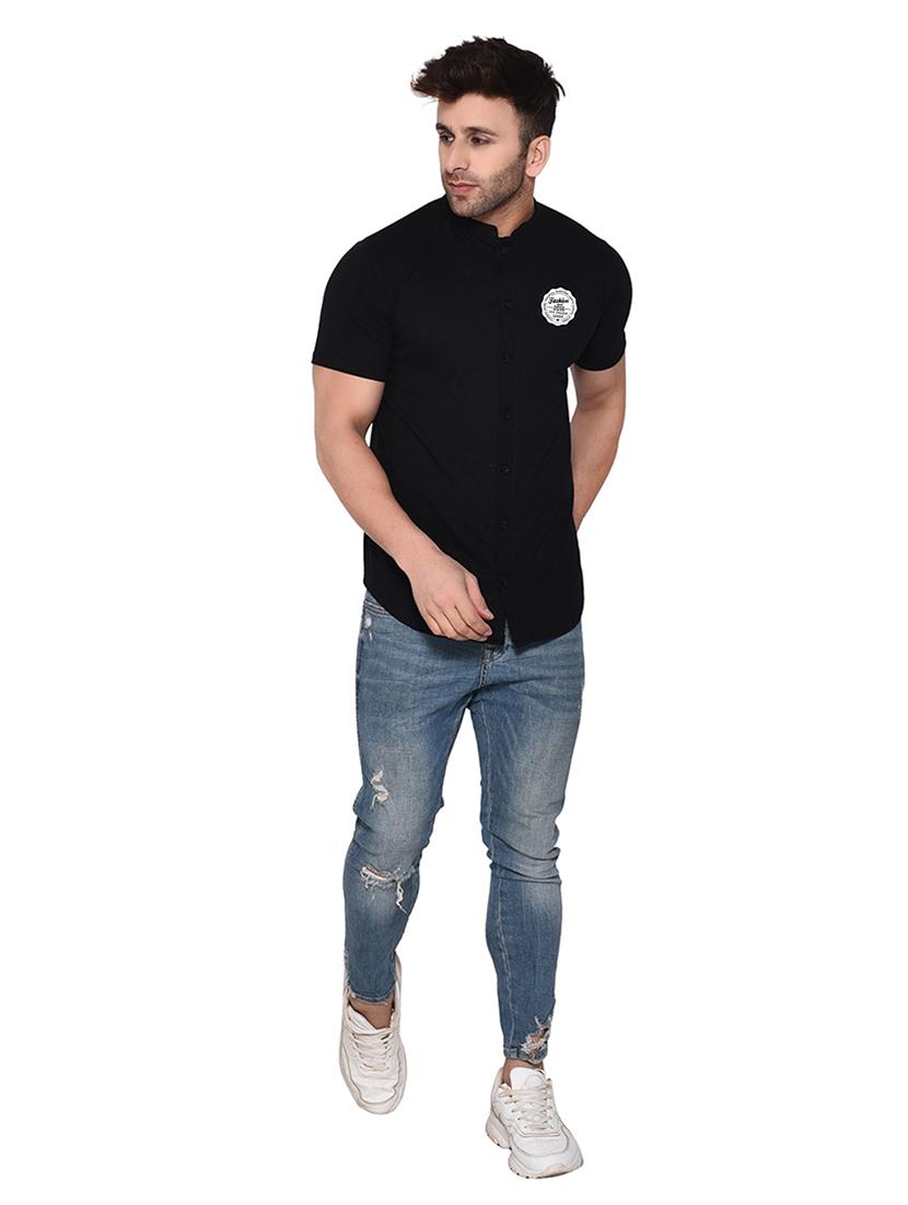 mandarin collar short sleeves solid casual shirt - 20331957 - Standard Image - 3