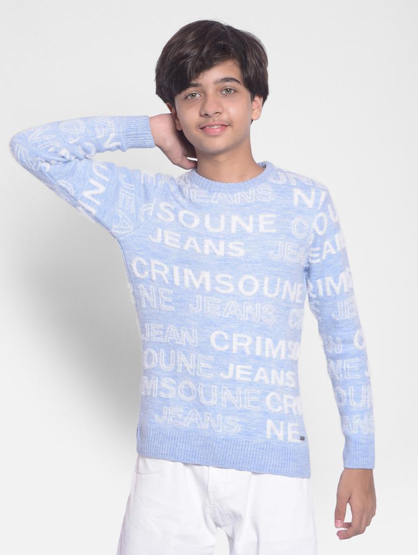 blue typography sweater