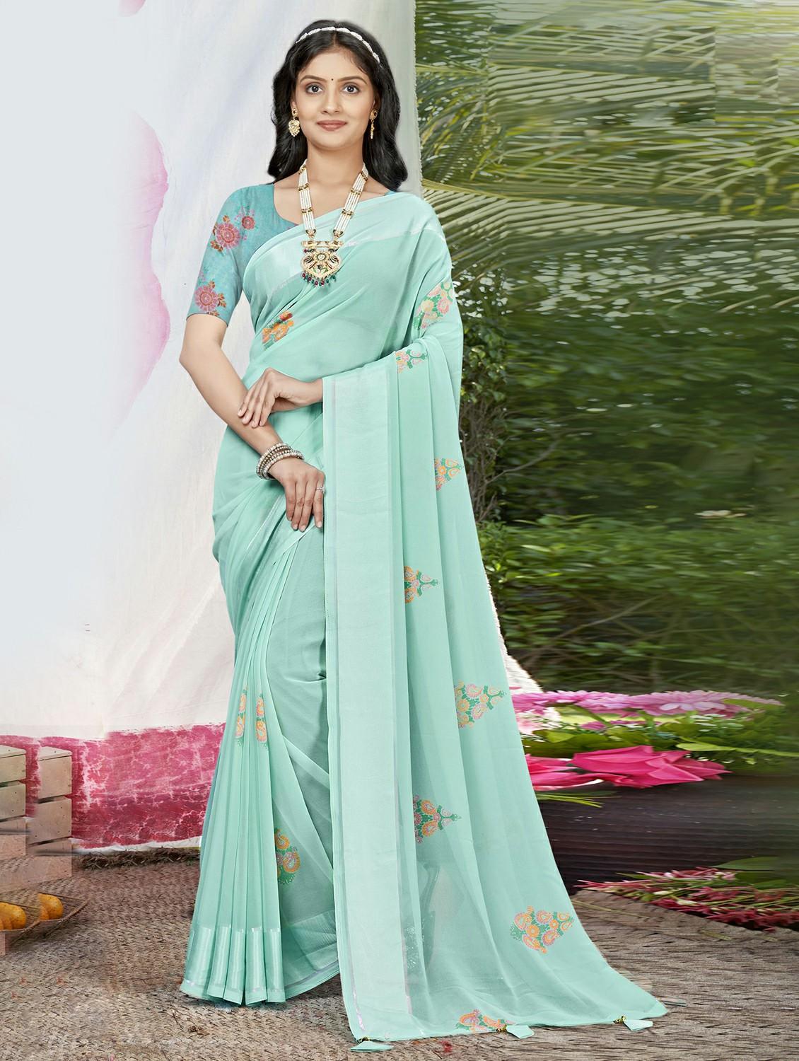 ai aqua colored printed saree with blouse - 20334935 - Zoom Image - 0