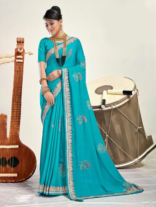 women's bordered turquoise colored saree with blouse - 20335336 - Standard Image - 0