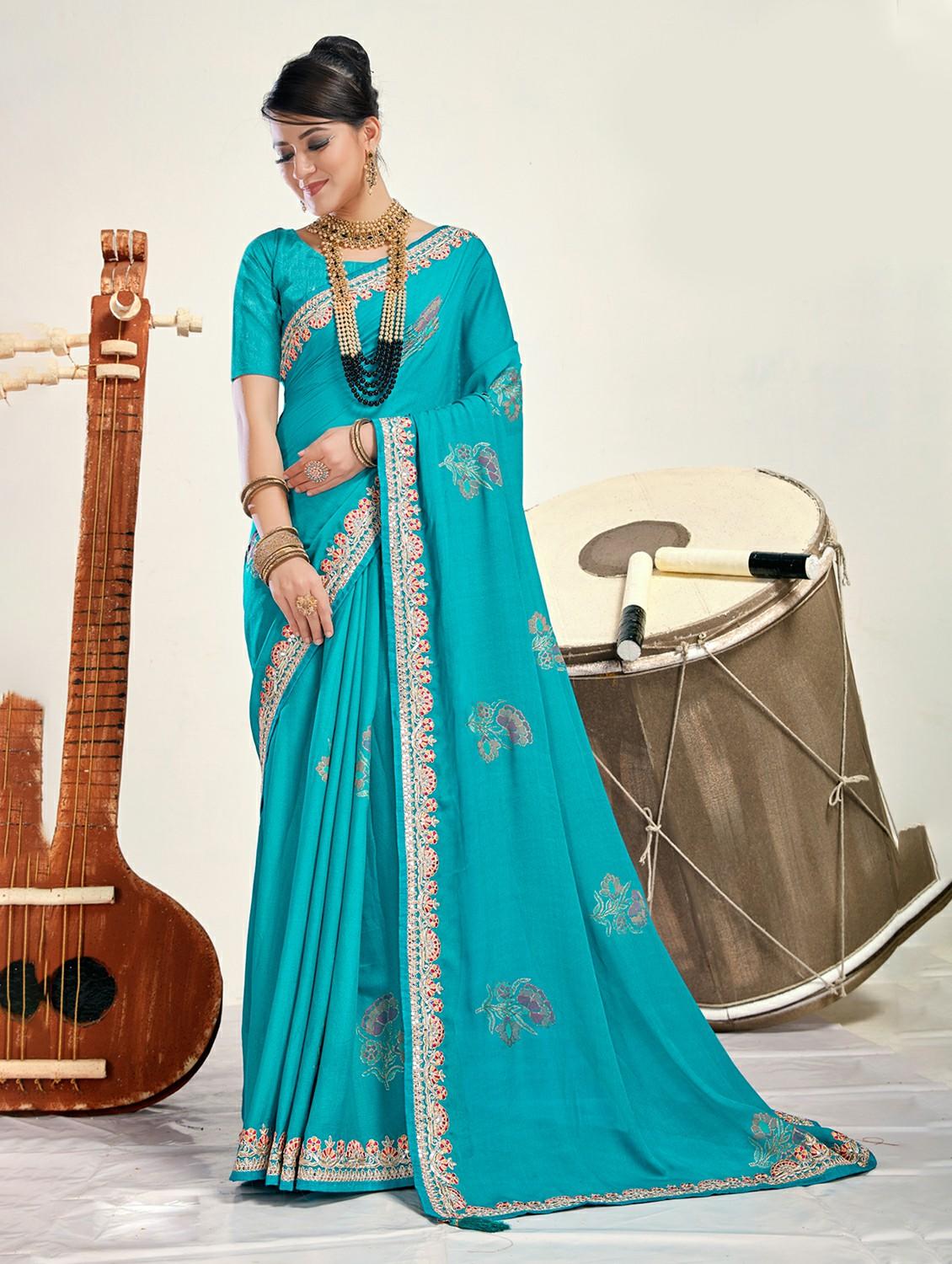 women's bordered turquoise colored saree with blouse - 20335336 - Zoom Image - 0