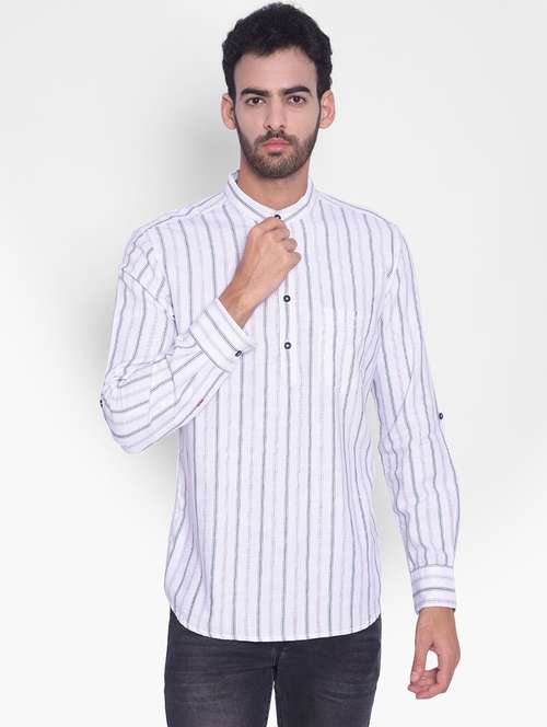 men white stripes cotton short kurta - 20335425 -  Standard Image - 0
