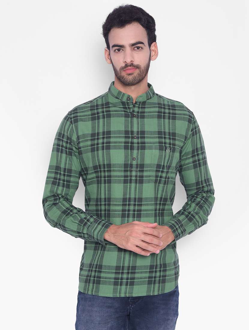 men green checks cotton short kurta