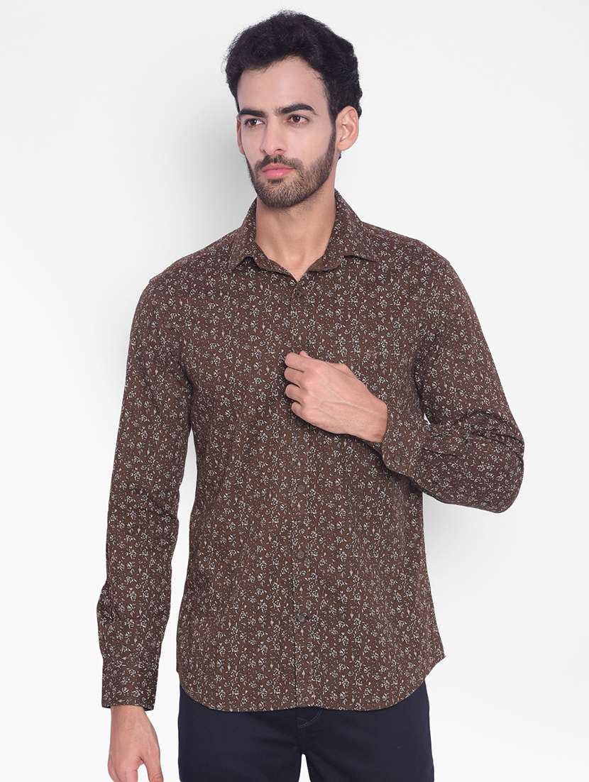 men brown printed cotton casual shirt