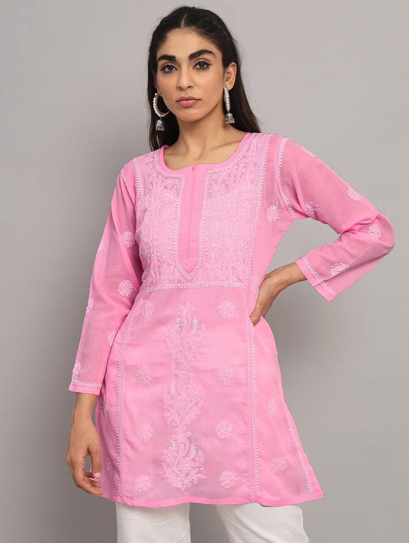 pink chikankari embroidered short kurti - 20335476 - Zoom Image - 0