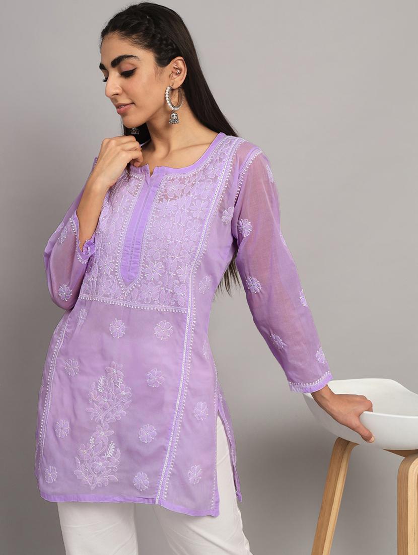 lavender chikankari embroidered short kurti - 20335478 - Standard Image - 3
