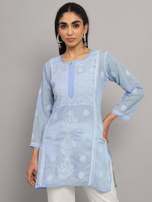 purist blue chikankari embroidered short kurti - 20335479 -  Standard Image - 0